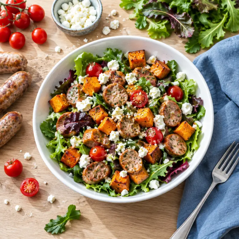Mixed Green Salad with Sausage, Sweet Potato, Feta & Italian Dressing, plated