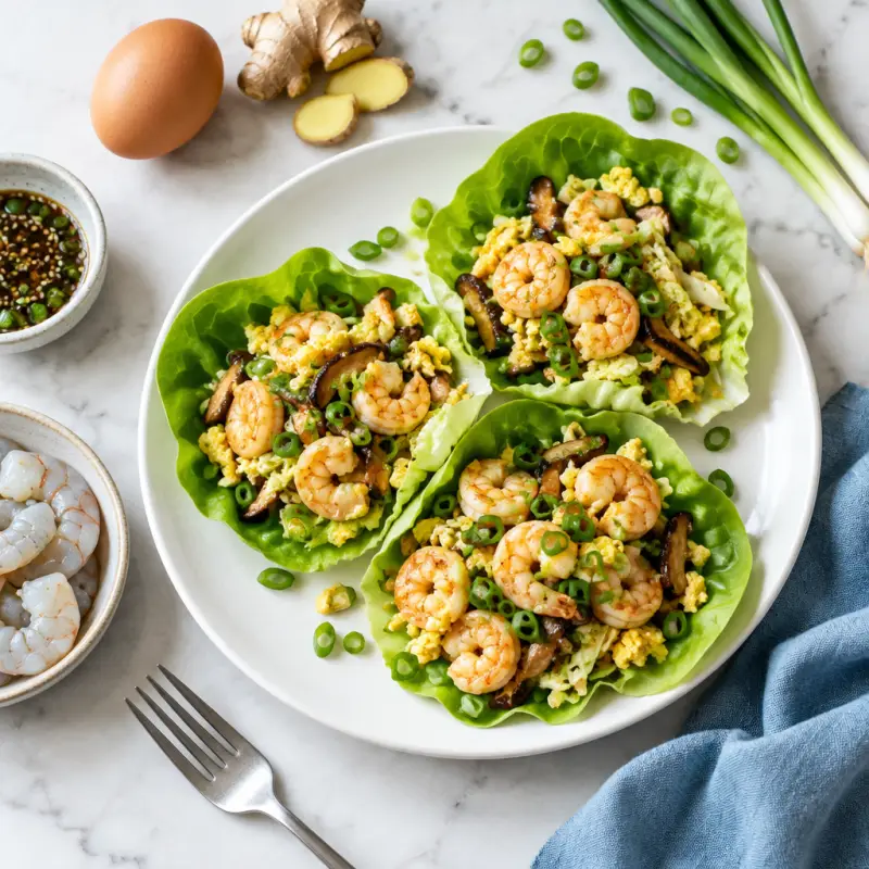 "Moo Shu" Shrimp Wraps with Egg, Mushroom, Cabbage & Green Onion, plated