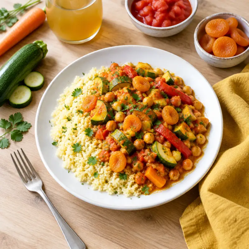 Moroccan Chickpea, Apricot, Bell Pepper & Zucchini Curry with Couscous, plated