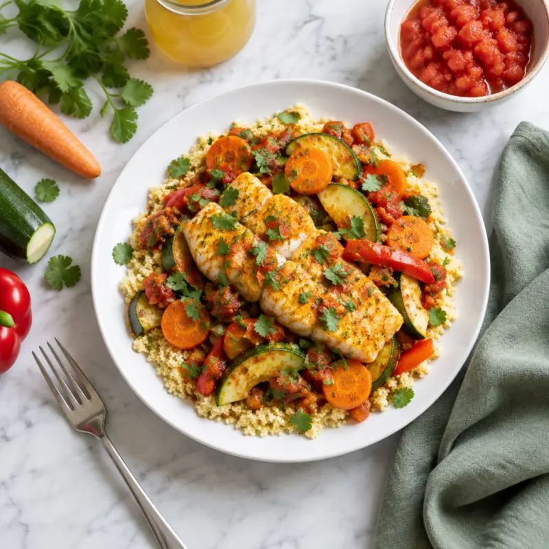 Moroccan Fish, Carrot, Zucchini & Bell Pepper Skillet with Couscous, plated
