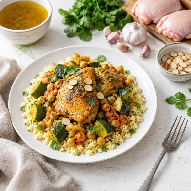 Moroccan Style Chicken with Zucchini & Couscous, plated
