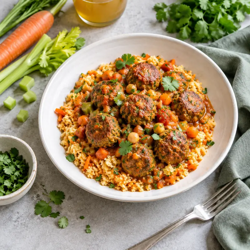 Moroccan-Style Turkey Meatball Stew with Carrot Couscous & Herbs, plated