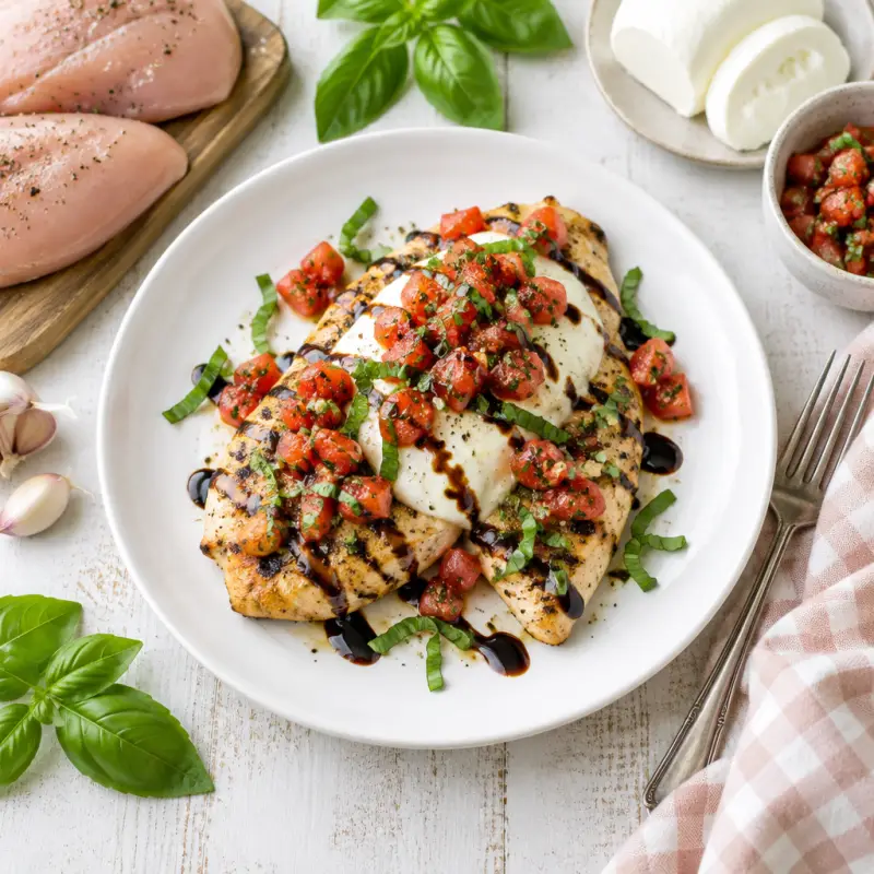 Mozzarella & Bruschetta Grilled Chicken with Balsamic Glaze, plated