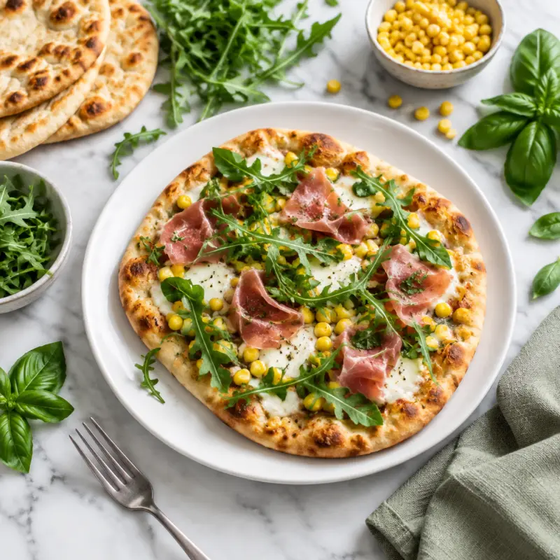 Mozzarella, Prosciutto, Corn & Arugula Flatbread Pizza, plated