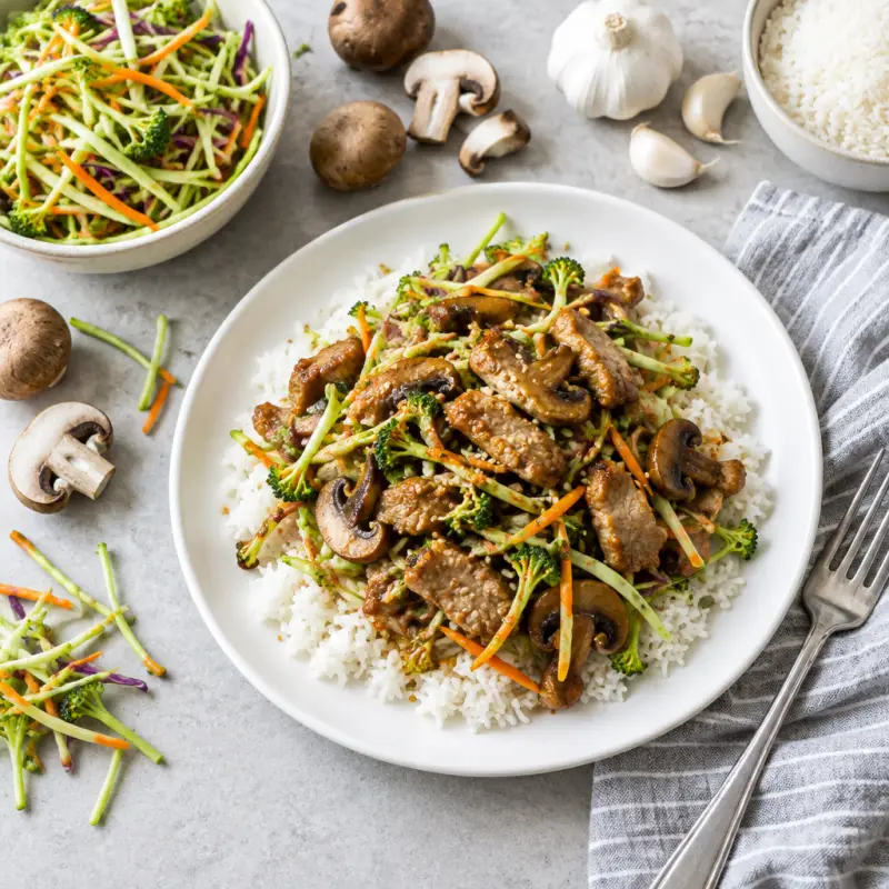 Mu Shu-Style Pork with Broccoli Slaw & Mushrooms over Jasmine Rice, plated