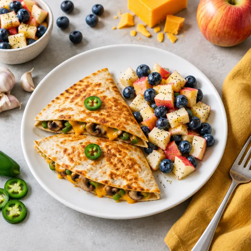 Mushroom, Cheddar & Jalapeño Quesadilla with Poppy Seed Fruit Salad, plated