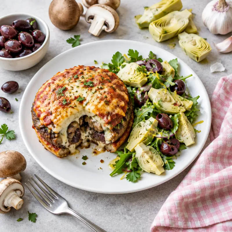 Mushroom & Olive Stuffed Pizza Burgers with Lemon-Artichoke Salad, plated