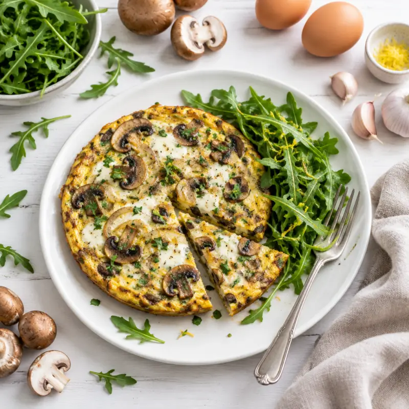 Mushroom, Onion & Mozzarella Frittata with Lemony Arugula, plated