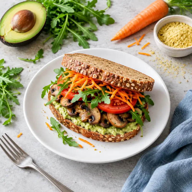 Mushroom Sandwich with Avocado-Mayo Spread, Arugula, Tomato & Carrot, plated