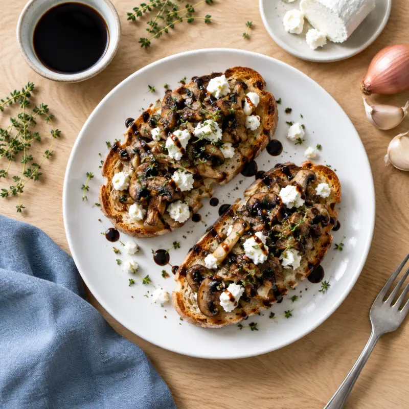 Mushroom Toasts with Goat Cheese, Balsamic & Thyme, plated