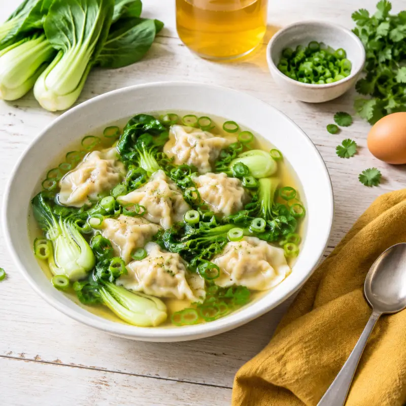 Naked Wonton Soup with Bok Choy & Green Onions, plated
