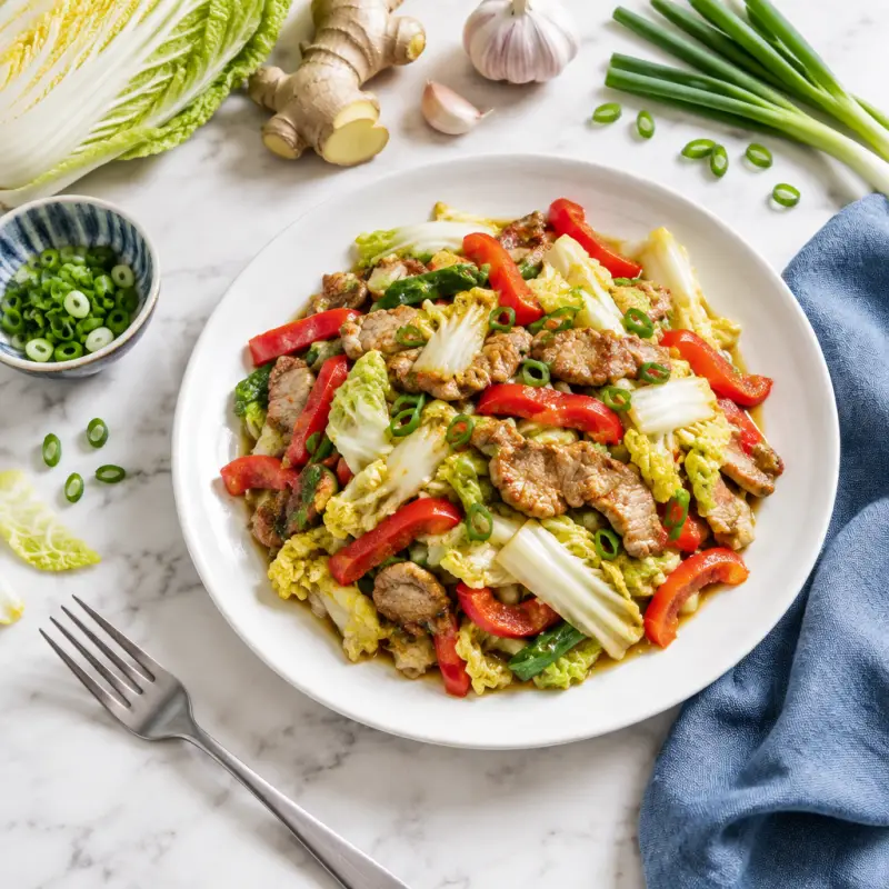 Napa Cabbage, Pork & Bell Pepper Stir Fry, plated