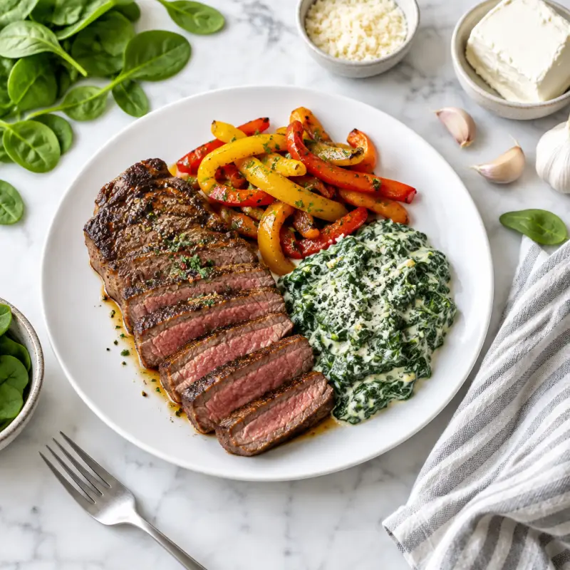 New York Strip Steak with Bell Pepper & Creamed Spinach, plated