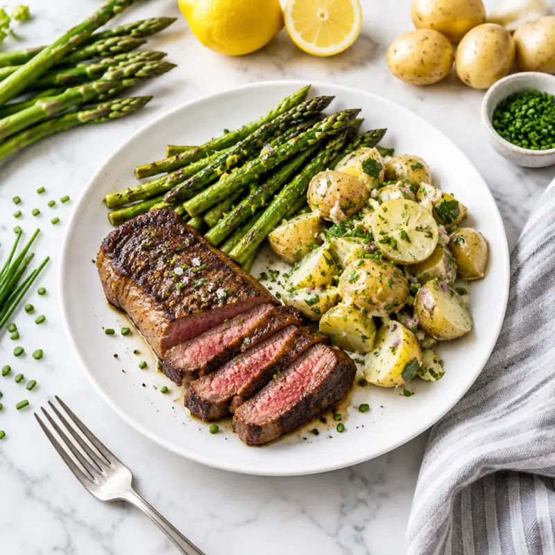 New York Strip Steak with Roasted Asparagus & New Potato Salad, plated