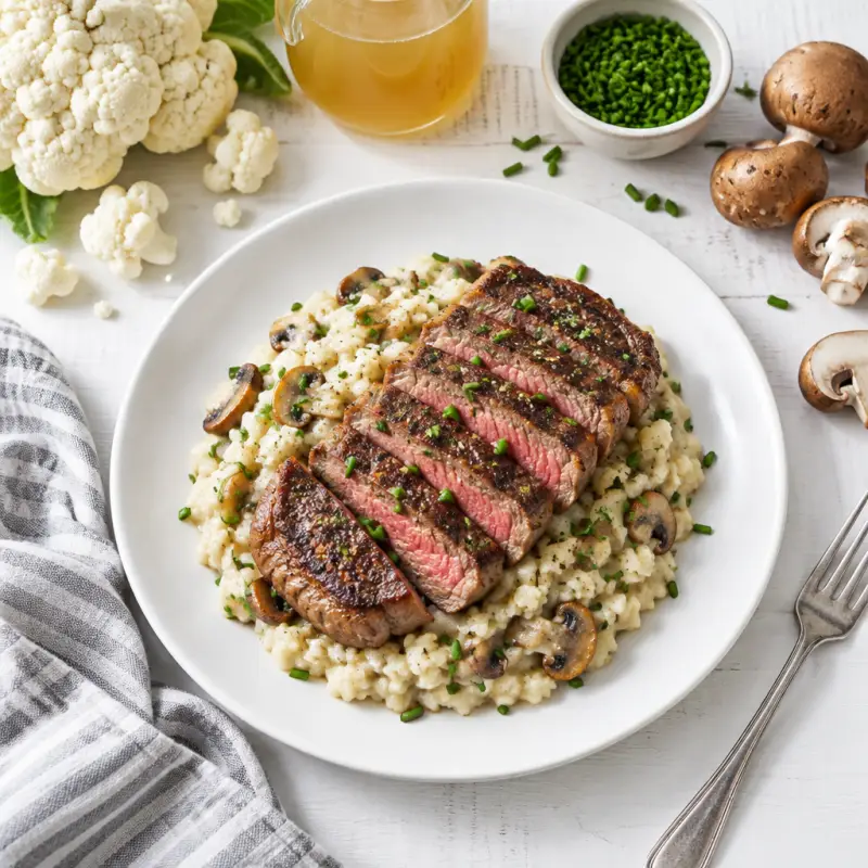 New York Striploin over Cauliflower Risotto with Mushrooms, plated