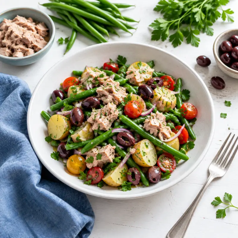 "Niçoise" Inspired Salad with Tuna, Green Beans, Potatoes & Olives, plated