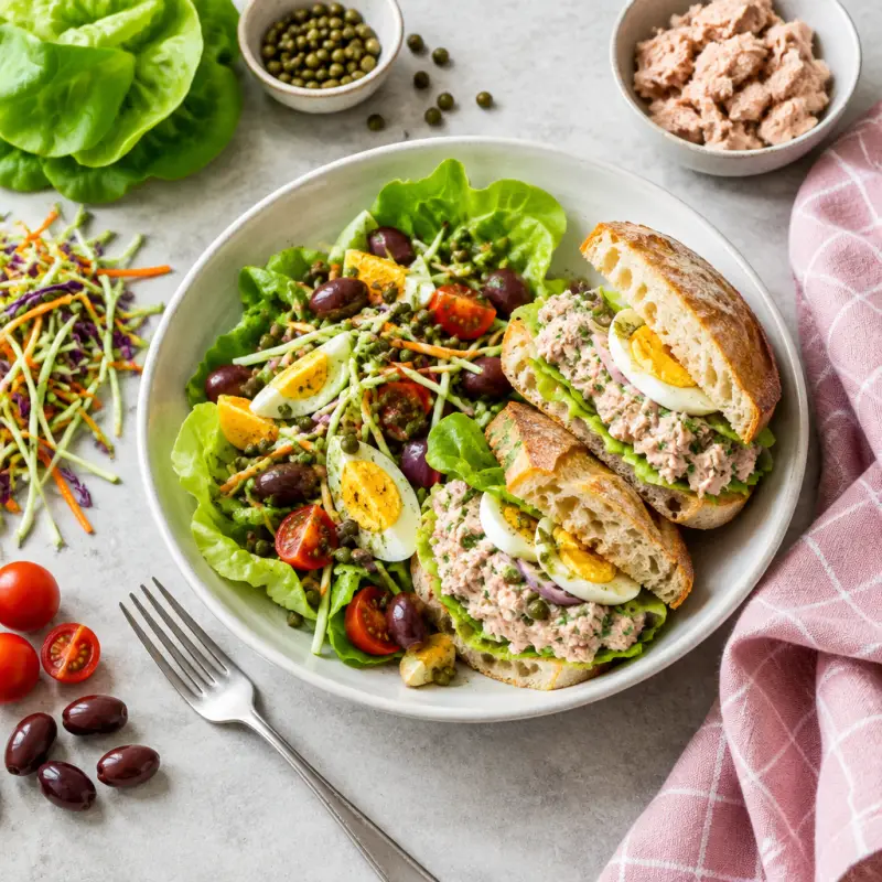 Niçoise-Style Tuna Salad Sandwich with Eggs, Olives & Dressed Greens, plated