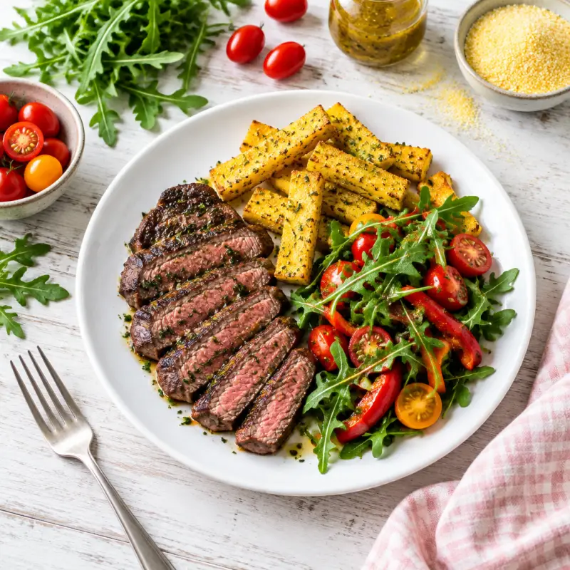 NY Steak with Herbed Polenta Fries & Tomato Bell Pepper-Arugula Salad, plated