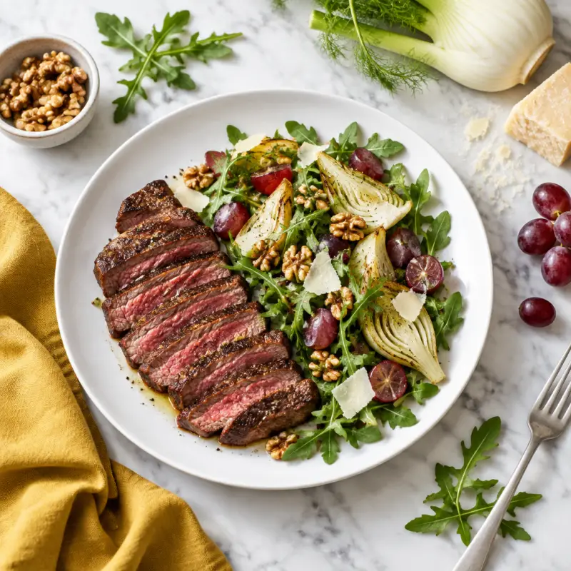 NY Steak with Roasted Fennel, Grape, Walnut, Parmesan & Arugula Salad, plated