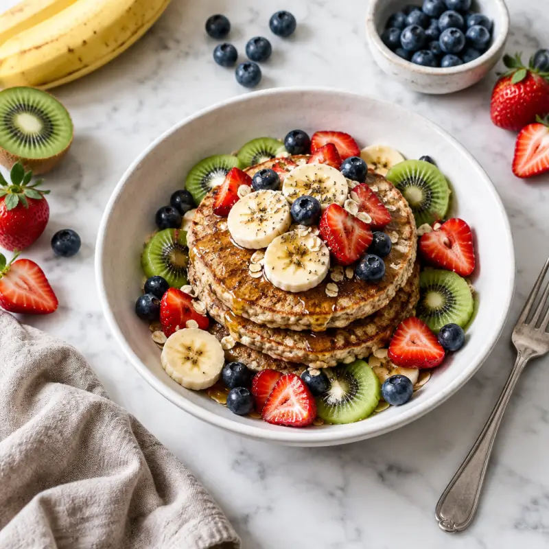 Oatmeal Banana Pancakes with Fresh Fruit, plated