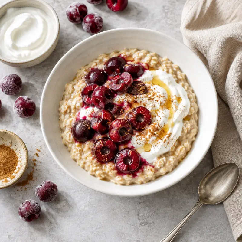 Oatmeal with Cherries, Nutmeg & Honey Yogurt, plated