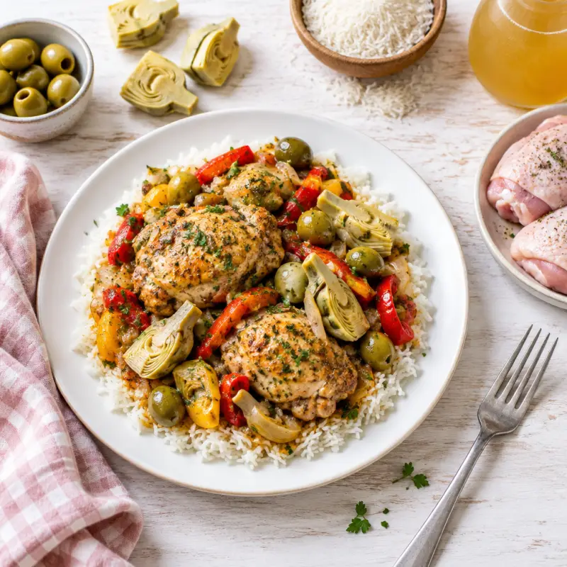 Olive Chicken with Roasted Onions, Bell Peppers & Artichokes over Rice, plated