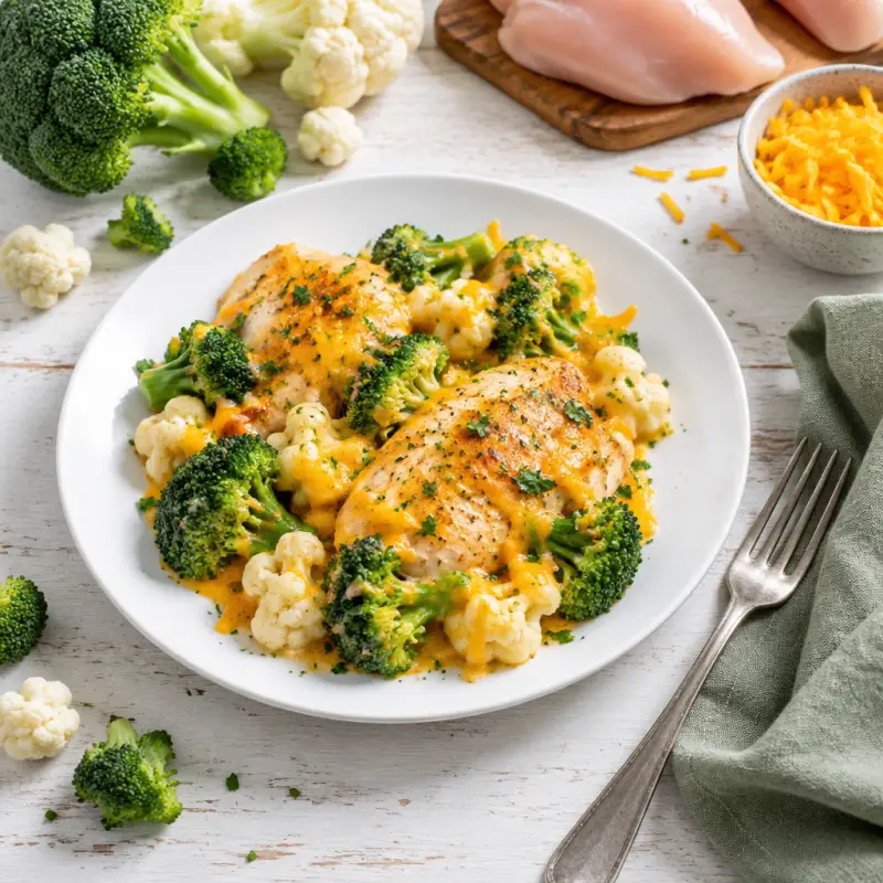 One-Pan Cheesy Cauliflower & Broccoli Chicken, plated