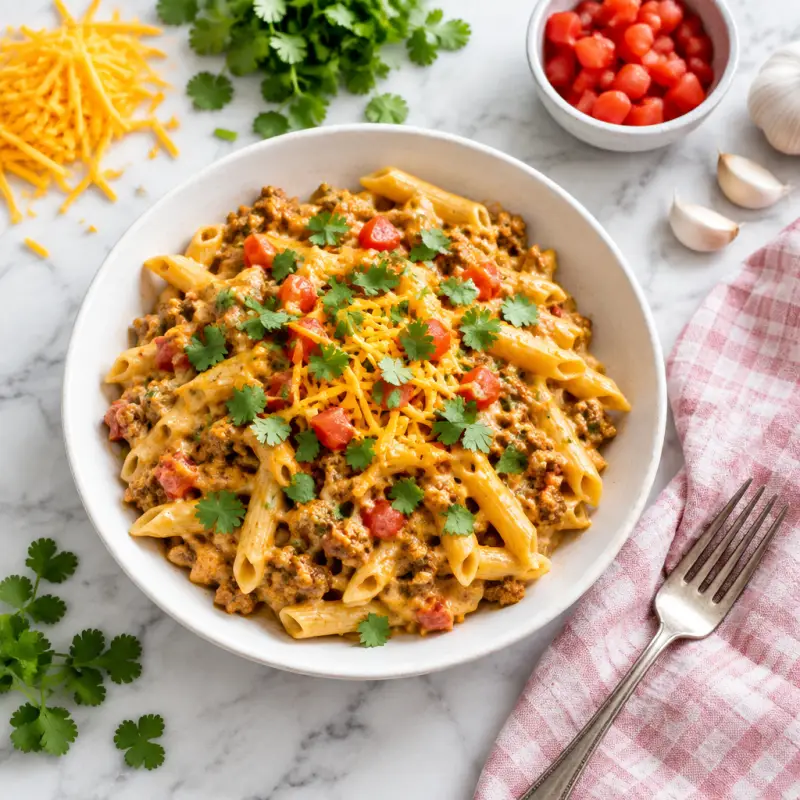 One-Pot Creamy Taco Pasta with Turkey & Cheddar, plated