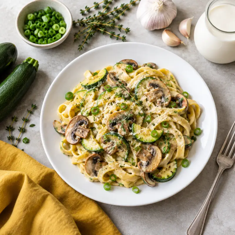 One-Pot Creamy Zucchini & Mushroom Pasta, plated