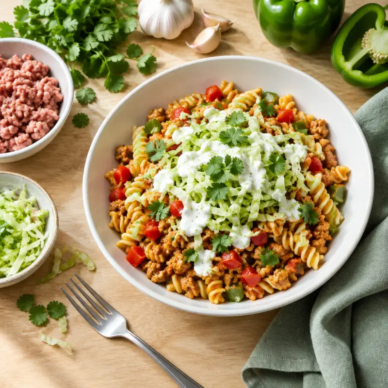 One-Pot Turkey Taco Pasta with Bell Pepper, Shredded Lettuce & Yogurt, plated