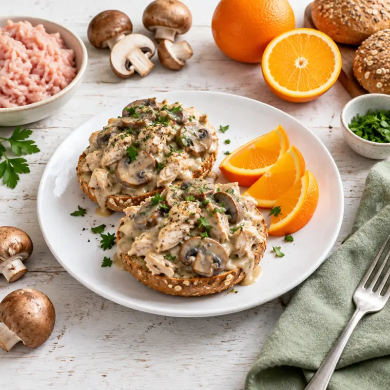 Open-Face Chicken & Mushroom Gravy Buns with Fresh Orange, plated