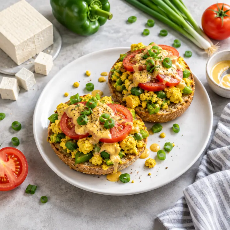 Open Face Turmeric Tofu Scramble Buns with Tomato & Curry Mayo, plated
