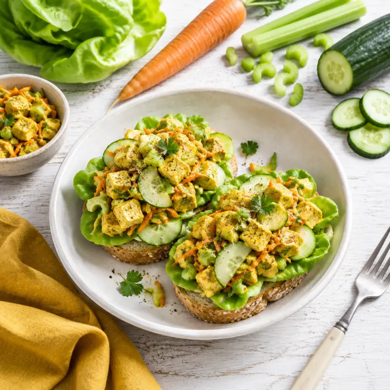 Open-Faced Curried Tofu Salad Sandwiches with Lettuce & Cucumber, plated