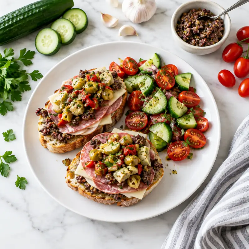 Open-Faced Muffuletta Sandwiches with Tapenade & Tomato Cucumber Salad, plated