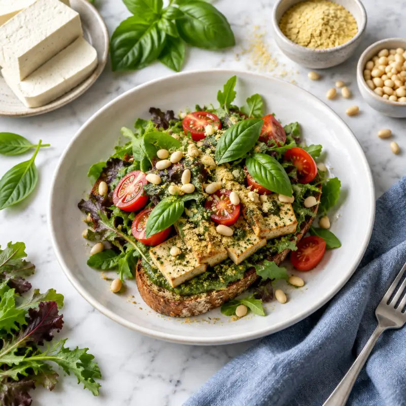 Open-Faced Pesto Tofu Salad Sandwich with Tomato & Mixed Greens, plated