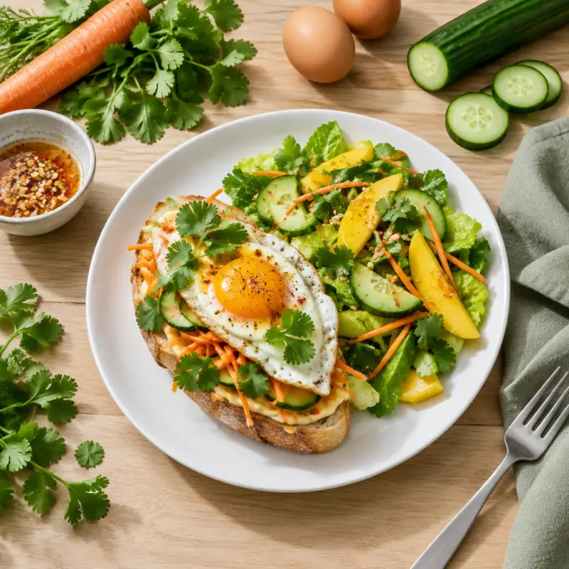 Open-faced Vietnamese Fried Egg Banh Mi with Mango & Romaine Salad, plated