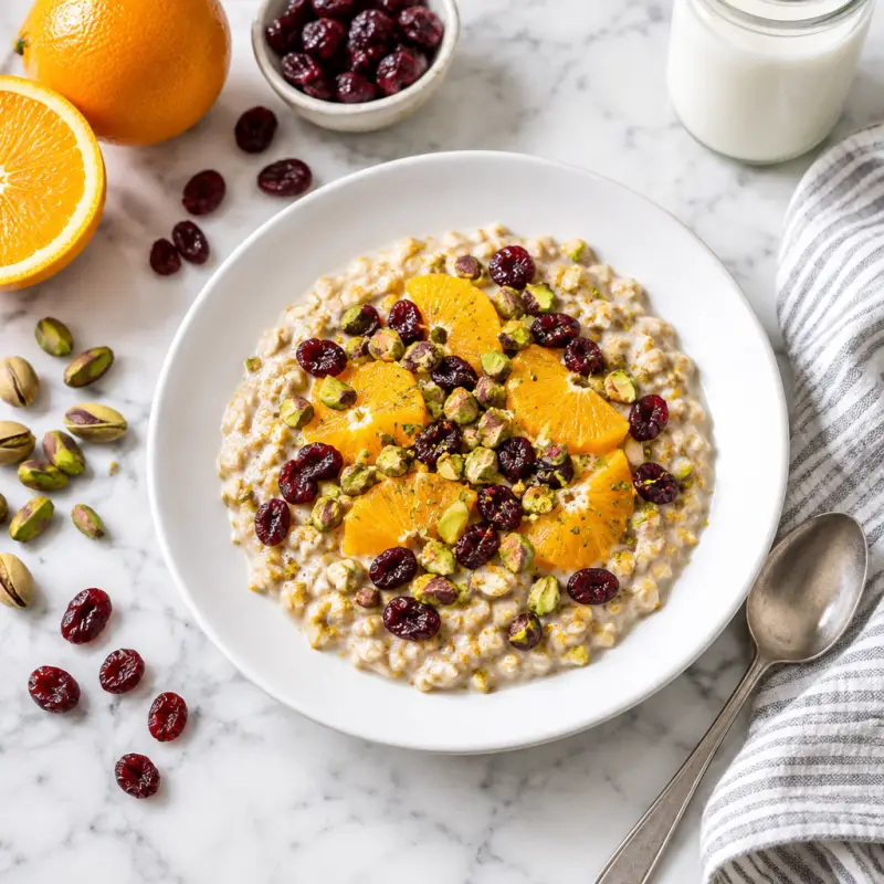 Orange & Dried Cranberry Oatmeal with Pistachios, plated