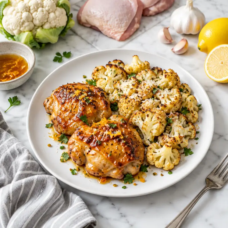 Orange-Glazed Chicken Thighs with Roasted Parmesan Cauliflower, plated