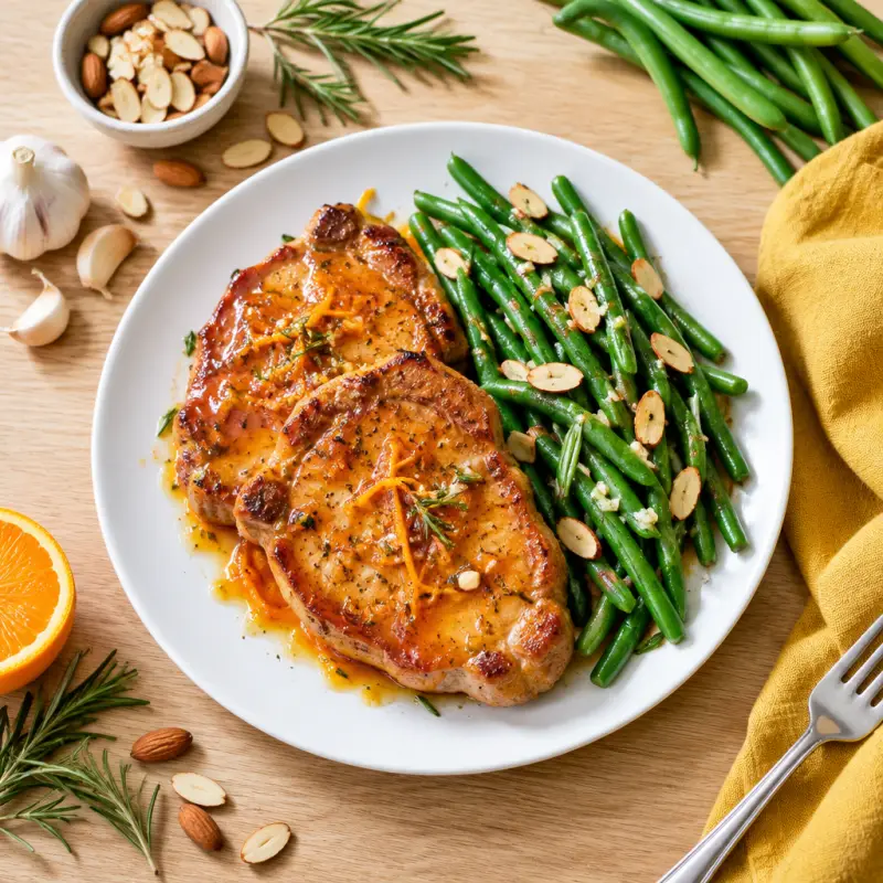 Orange Glazed Pork Chops with Almond Green Beans, plated