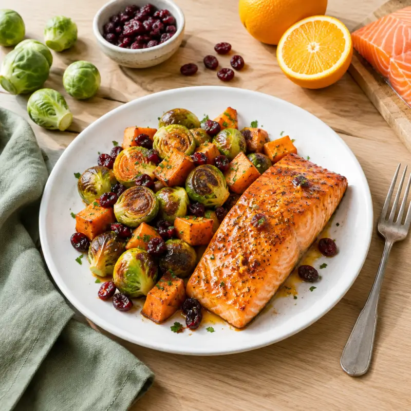 Orange Glazed Salmon with Cranberry Brussels Sprouts & Sweet Potatoes, plated
