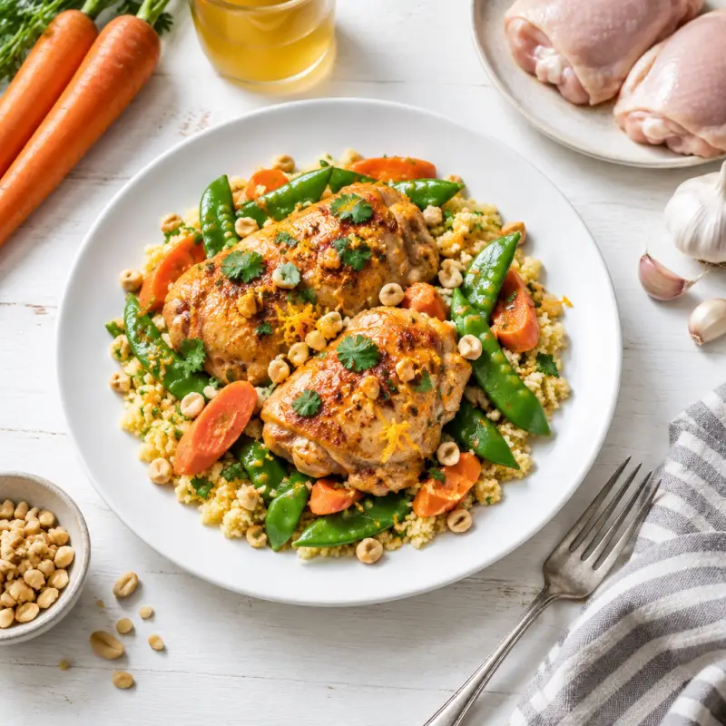 Orange-Spiced Chicken with Snap Peas, Carrots, Couscous & Peanuts, plated