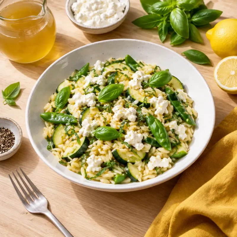 Orzo Pasta Skillet with Cottage Cheese, Zucchini, Snap Peas & Basil, plated