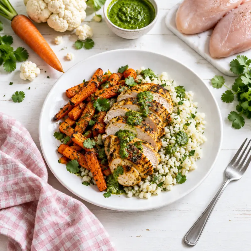Oven Roasted Chicken with Carrots, Cauliflower Rice & Green Harissa, plated