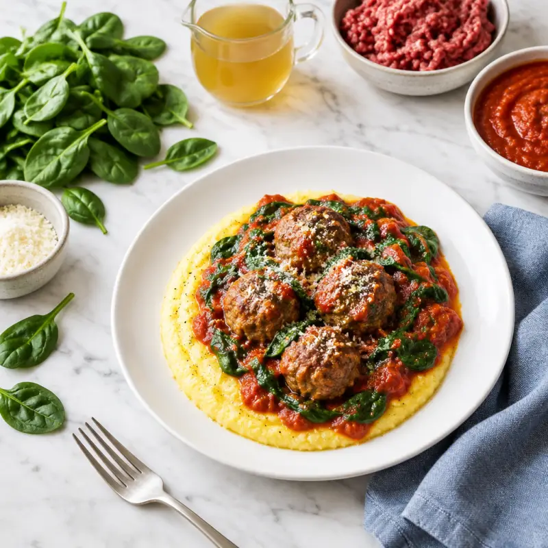 Pan-Fried Beef Meatballs with Spinach Marinara Sauce & Polenta, plated