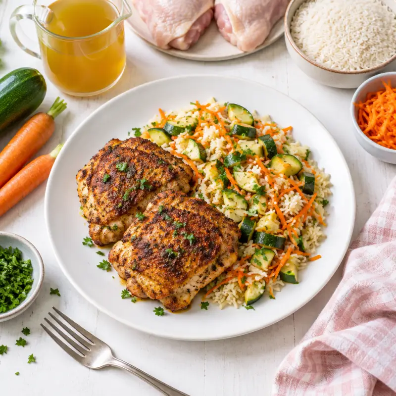 Pan-Fried Cajun Chicken Thighs with Zucchini & Carrot Rice Pilaf, plated