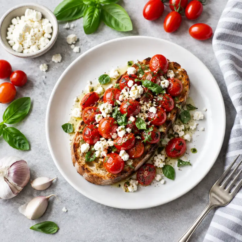Pan-Fried Cherry Tomatoes with Basil & Feta over Toast, plated