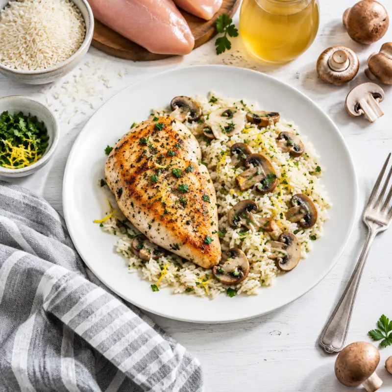 Pan-Fried Chicken Breast with Lemony Mushroom & Herb Rice, plated