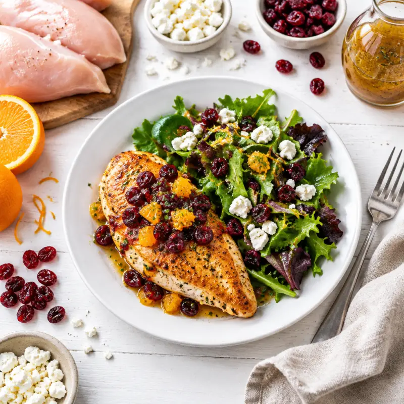 Pan-Fried Chicken with Cranberry-Orange Relish, Mixed Greens & Feta, plated