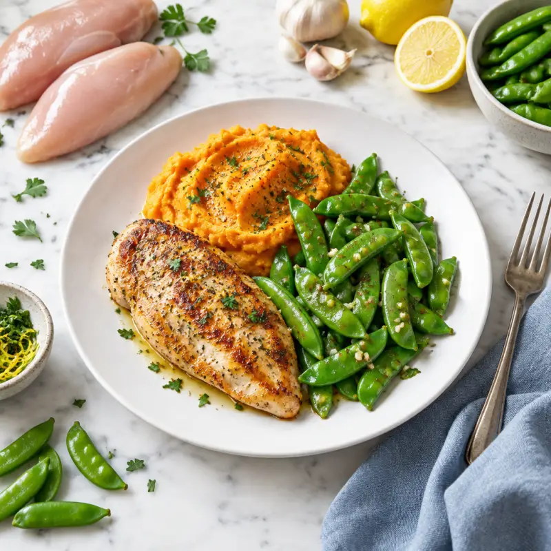 Pan-Fried Chicken with Sautéed Sugar Snap Peas & Sweet Potato Mash, plated