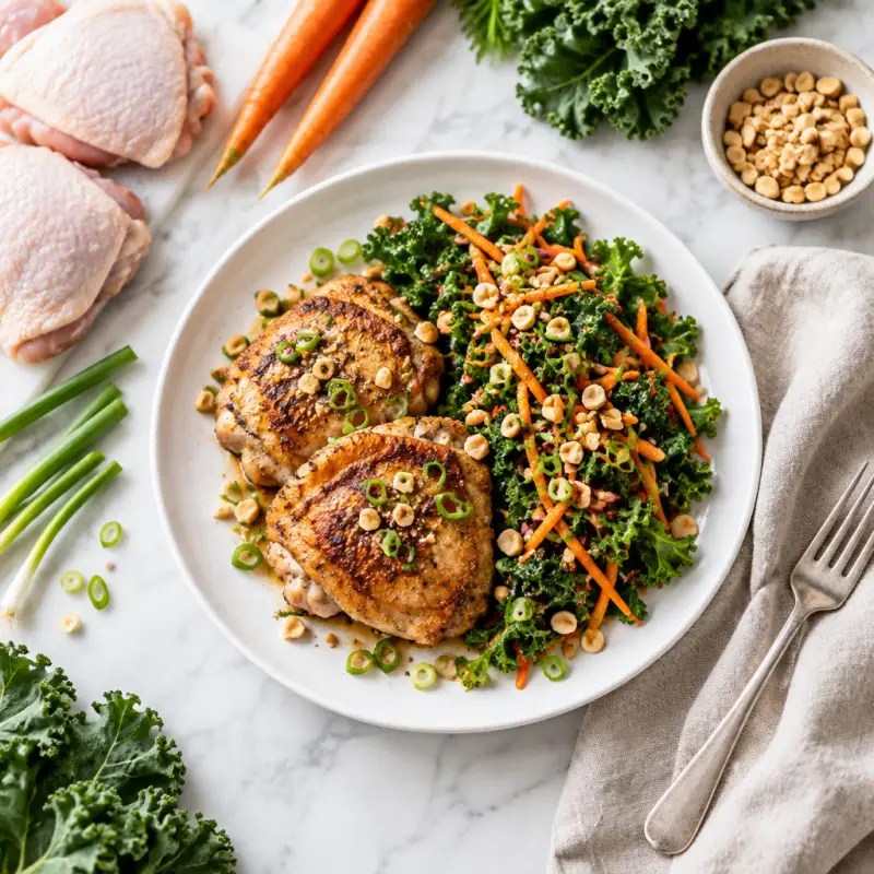 Pan-Fried Chicken Thighs with Thai-Inspired Kale, Carrot & Peanut Salad, plated